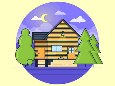 Cabin In The Woods art cabin cute design digitalart digitalillustration flat flathouse flatillustration graphic design illustration illustrator night vector vectorart vectorillustration