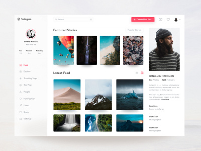 Instagram Profile Concept for Web Freebie clean clean app design dashboard instagram feed instagram post instagram profile instagram stories navigation sidebar stories