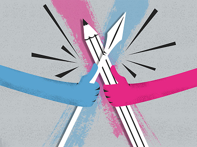 Artist vs Tyrant battle cyan fight hands illustraion magenta pencil