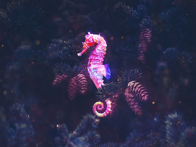 AQUA - Seahorse aqua composting digital art fantasy glow leaves lights photocomposting photomanipulation photoshop sea seahorse wallpaper