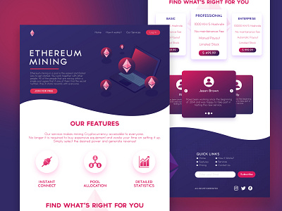 Ethereum Mining - Landing Page animation app appdesign cards design header icon illustration interaction interactive iphone logo swipeable typography ui uidesign ux web webdesign website