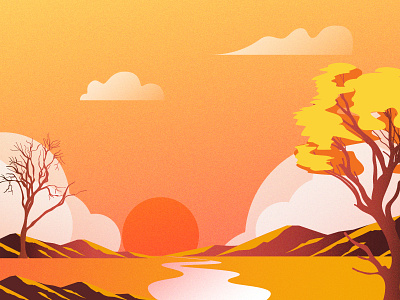 Morning (Day 18/365) autumn cloud color illustration morning mountain river sun sunrise tree vector