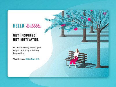 Hello Dribbble! bench card forest girl illustration landing page shadow sketch tree vector