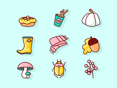 Autumn Icons acorn autum boots bug cacao coffee design flat icon illustration leaf mushroom pie pumpkin rainboots scarf vector