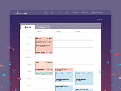 Schedule Page for Hackathon Live Site branding calendar coding colorful desktop dropdown fun geometric geometric shapes hackathon homepage menu mockup navigation planner schedule shapes tab bar tabs web design