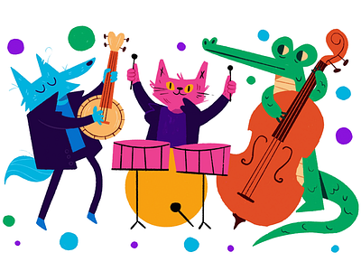 Animal Sounds alligator band bango cat cello drums illustration music procreate wolf