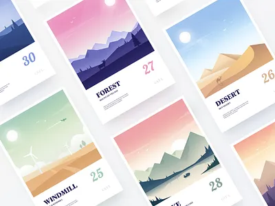 Beautiful-scenery-calendar bird cloud colour design dribbble forest gradual change icon illustration light moon mountain postcard scenery sunlight tree ui ux weather windmill