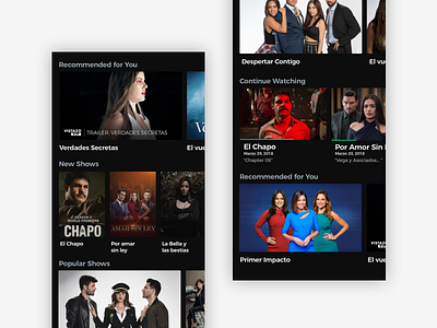 Univision Main Feed Elements dark dark ui feed ios mobile streaming video vod