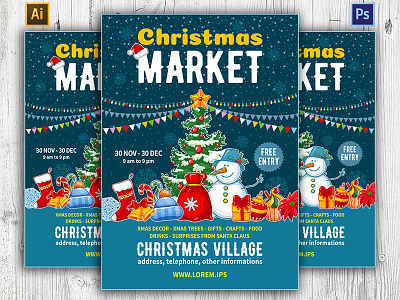 Christmas Market Flyer Template advertisement announcement banner bazaar christmas christmas fair christmas market event fair fest flyer invitation market new year poster snowman template vector xmas xmas market