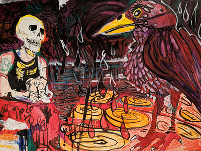 Conflict with Crow crow expressionism expressive fine art fine arts johnnystackart mixed media skull