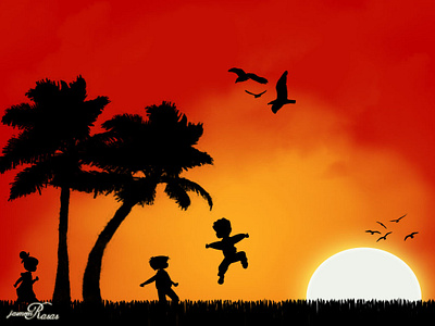 Sunset with kids art brush design art digital illustration illustration photoshop silhouette