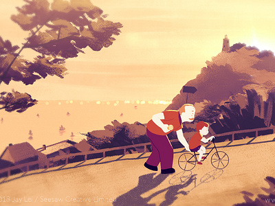 Learning to Ride animation bike evening gouache illustration lighthouse old time ramp ride set design sunset warm