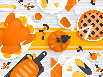 Orange Foods for Thanksgiving art bright citrus design feast food gradient illustration orange pattern pie pumpkin shadow table texture thanksgiving top turkey vector white