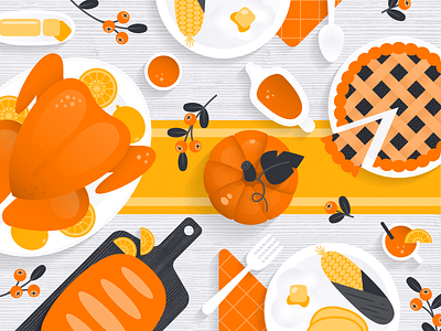 Orange Foods for Thanksgiving art bright citrus design feast food gradient illustration orange pattern pie pumpkin shadow table texture thanksgiving top turkey vector white