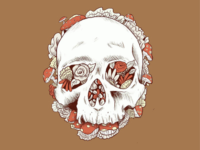 Skull Fungi art beautiful decay bones design detailed doodle drawing ink flat flat background flowers fungi growing hatching heavy linework illustration inktober 2018 mushroom muted colors sketch skull