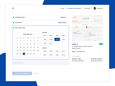 Schedule An Appointment appointment blue calendar calendar design design desktop icons map minimal mockup rating schedule ui ux web