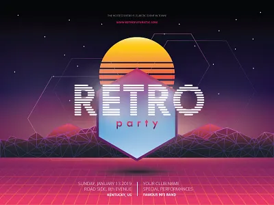Retrofuturistic 80s event future futuristic landscape music new wave party retro shapes summer vibrant vintage
