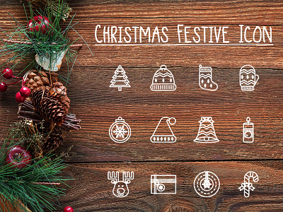 Christmas Festive Icon Pack bauble beanie bell candle candy cane christmas christmas tree design glove icon outline present reindeer santa hat sock vector wreath