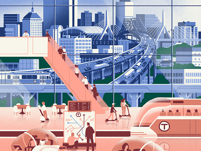 Boston Globe / Boston Transportation city colorful commute editorial editorial illustration future illustration industrial transportation travel urban