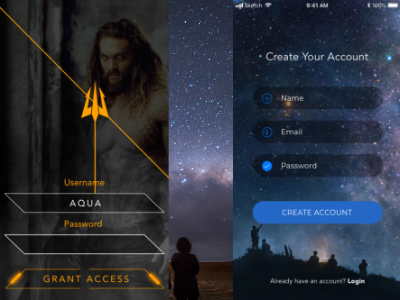 rebound aquaman create account justice league log in sign up sketch ui design