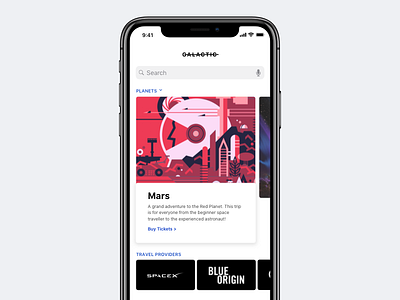 Galactic - Space Travel App app card concept design planets product search space travel ui