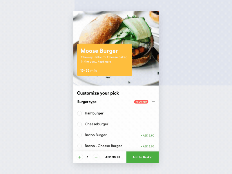 Food app - Add to basket animation app application basket burger delivery design food app gif ios iphone meal menu microinteraction mobile order pizza time ui ux
