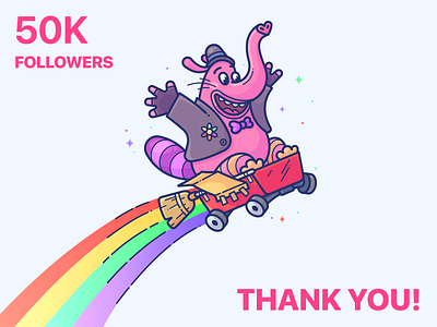 50K Followers 50k adobe art bing bong cart celebrate character design dribbble followers icon illustration illustrator inside out outlane outline rainbow vector web