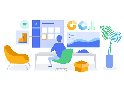 Ecommerce illustration analytics business company desk ecommerce illustration mid century office plant store womb chair workspace