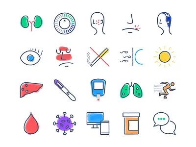 HeyDoctor Services Icons acne birth control blood chat computer diabetes doctor eyelash handdrawn hiv icon icons set illustration medical medicine pregnancy running smoking sun