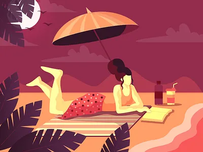on vacation book digital flat vector girl illustration leaves vacation