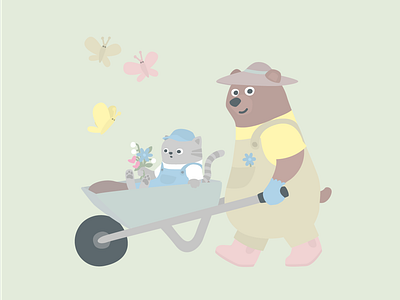 Little Gardening Team bear butterfly cat flowers gardening illustration vector wheelbarrow