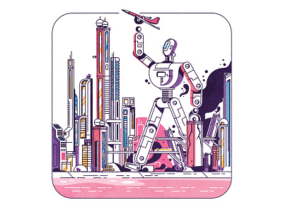 Playful clumsy robot architecture city cityscape futurism illustration illustrator robot skyline vector