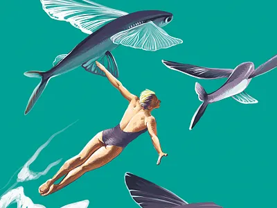 Intro book illustration design digital illustration fish flying flying fish hello dribbble illustration magazine illustration surrealism woman