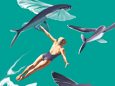 Intro book illustration design digital illustration fish flying flying fish hello dribbble illustration magazine illustration surrealism woman