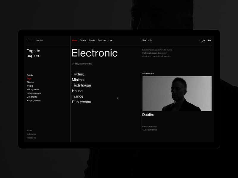 Last.fm animation black flat interaction minimal motion typography ui ux web website