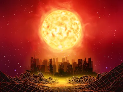 Synthwave City art city cosmic design fire illustration mountain outer space outerspace planet red sun synthwave vetor