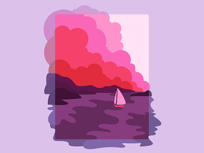 Sunset landscape boat bubbles clouds colors flat gradient illustration landscape mountains nature postcard red sea seascape seaside sunset vector waves