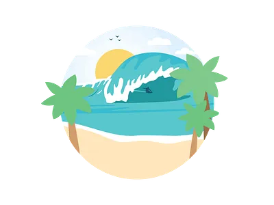 Surfin' beach chill hang loose illustration palm trees relaxing summer sunny surf board tropical waves