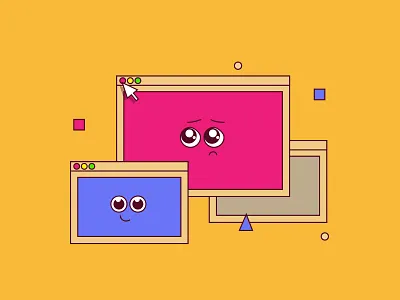 Windows character computer display face flat illustration line art minimal scared windows