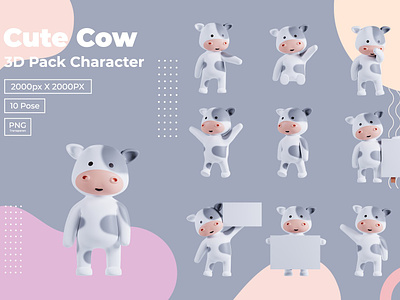 3D Pack Cute Animal Cow Illustration