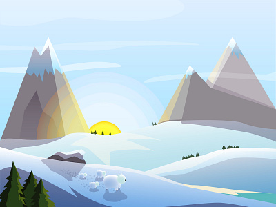 Sun on a snowy landscape adobe adobe illustrator art digital art flat illustration illustrator mountain polarbear snow snow day sun vector