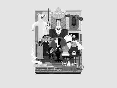 Teeny Tiny Family Room (original) addams family andrew kolb cousin it diorama gomez illustration kolbisneat morticia pugsley teeny tiny the addams family uncle fester wednesday addams