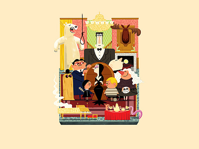 Teeny Tiny Family Room (Technicolor) addams family andrew kolb cousin it diorama gomez illustration kolbisneat lurch morticia technicolor teeny tiny the addams family uncle fester wednesday addams