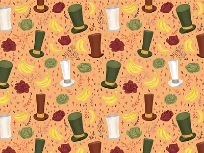 Mr Bliss Pattern art artist bananas book illustration cabbage children book illustration children illustration colorful draw hat headwear illustration pattern pattern design pattern library seamless pattern tolkien tophat vegetables