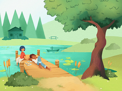 Summer Days childrens book illustration dock forest illustration kid lit art nap people photoshop pond summer summer days tree