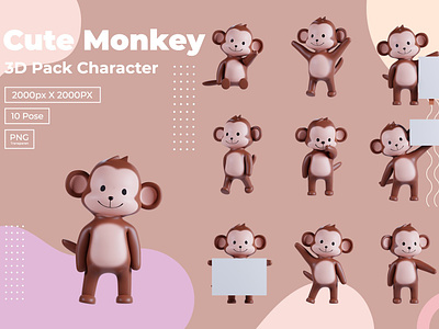 3D Pack Cute Animal Monkey