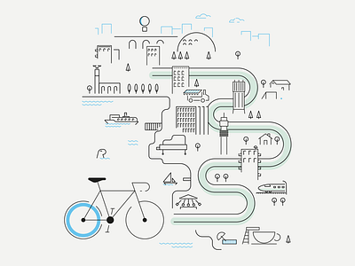 Stockholm Landscape L2GO bike boat city city view design houses illustration landscape line art panorama skyline stockholm train