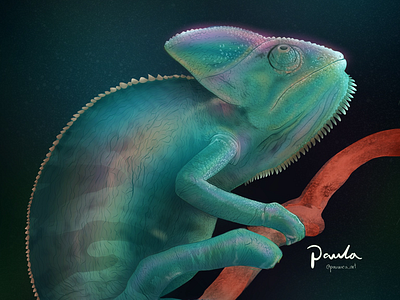 Iridescent Chameleon animals chameleon digital illustration hyper realism illustration iridescent landscape magic nature night pauwica art personal brand procreate realism web illustration