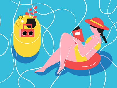 Summer vibes book girl illustration music summer swimmingpool vibes