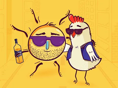 Why the sun didn't rise? animal characters design digital graphics humor illustration rooster sun vector